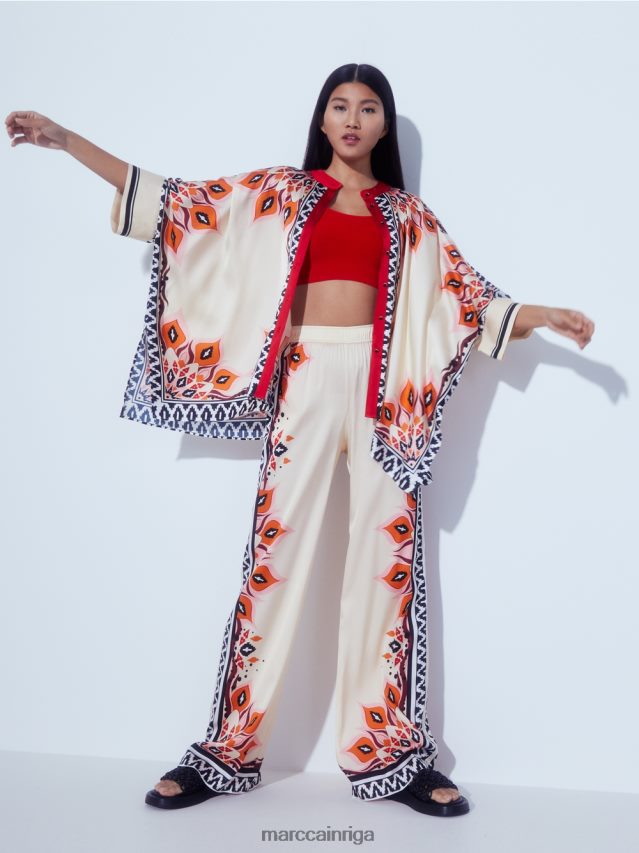 apģērbs dziļi sarkans VRBHXD606 Marc Cain viskozes bikses ar jauktiem rakstiem