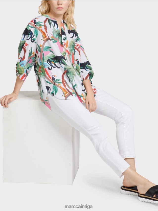 apģērbs gandrīz balts VRBHXD927 Marc Cain kokvilnas blūze dzīvnieku dizainā