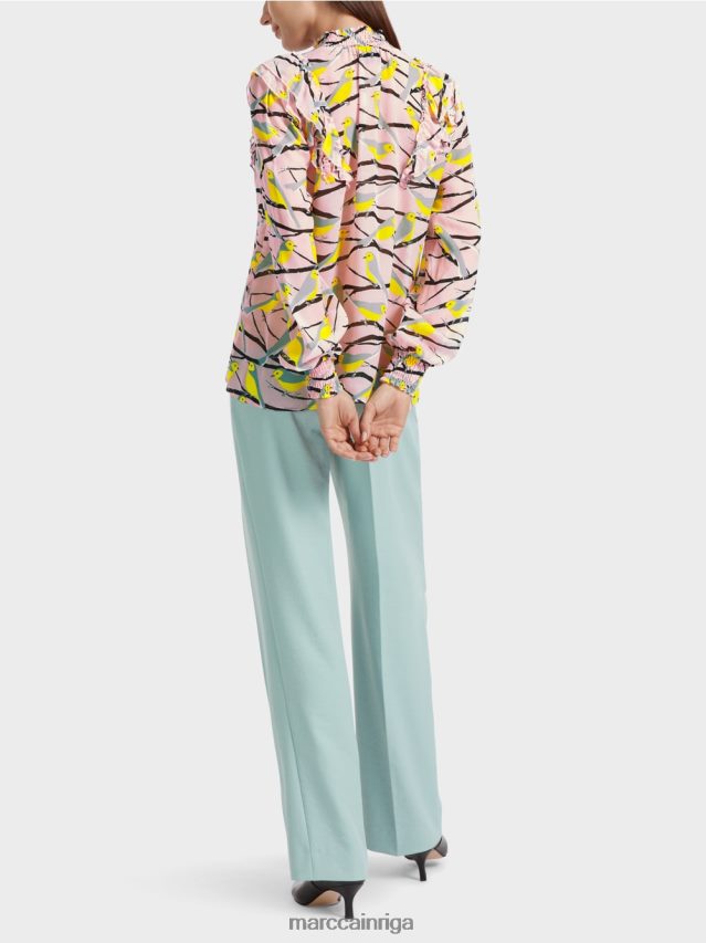 apģērbs mīksts pulveris rozā VRBHXD882 Marc Cain rotaļīga blūze ar putnu dizainu