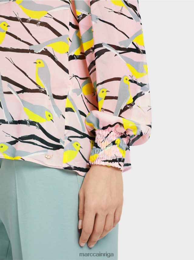 apģērbs mīksts pulveris rozā VRBHXD882 Marc Cain rotaļīga blūze ar putnu dizainu