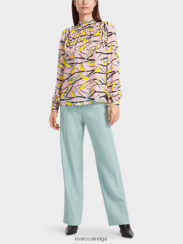 apģērbs mīksts pulveris rozā VRBHXD882 Marc Cain rotaļīga blūze ar putnu dizainu