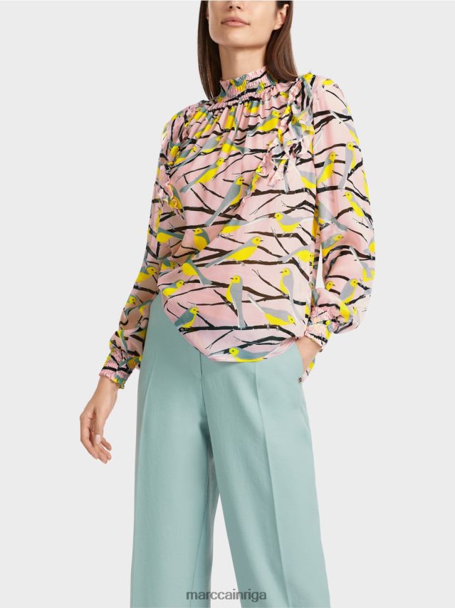 apģērbs mīksts pulveris rozā VRBHXD882 Marc Cain rotaļīga blūze ar putnu dizainu