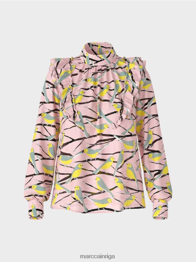 apģērbs mīksts pulveris rozā VRBHXD882 Marc Cain rotaļīga blūze ar putnu dizainu