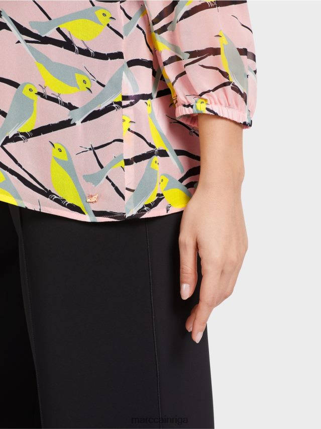 apģērbs mīksts pulveris rozā VRBHXD883 Marc Cain viegla blūze ar putnu dizainu