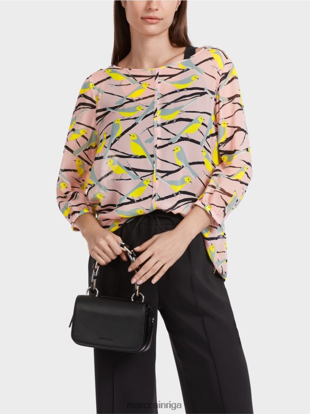 apģērbs mīksts pulveris rozā VRBHXD883 Marc Cain viegla blūze ar putnu dizainu