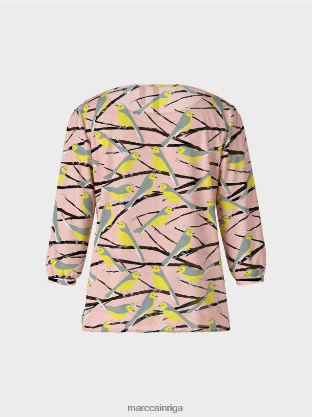 apģērbs mīksts pulveris rozā VRBHXD883 Marc Cain viegla blūze ar putnu dizainu