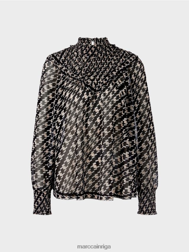 apģērbs melns VRBHXD1006 Marc Cain blūze ar smocked apkakli