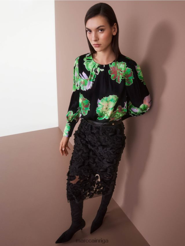 apģērbs melns VRBHXD845 Marc Cain blūze ar kroku apaļu kaklu