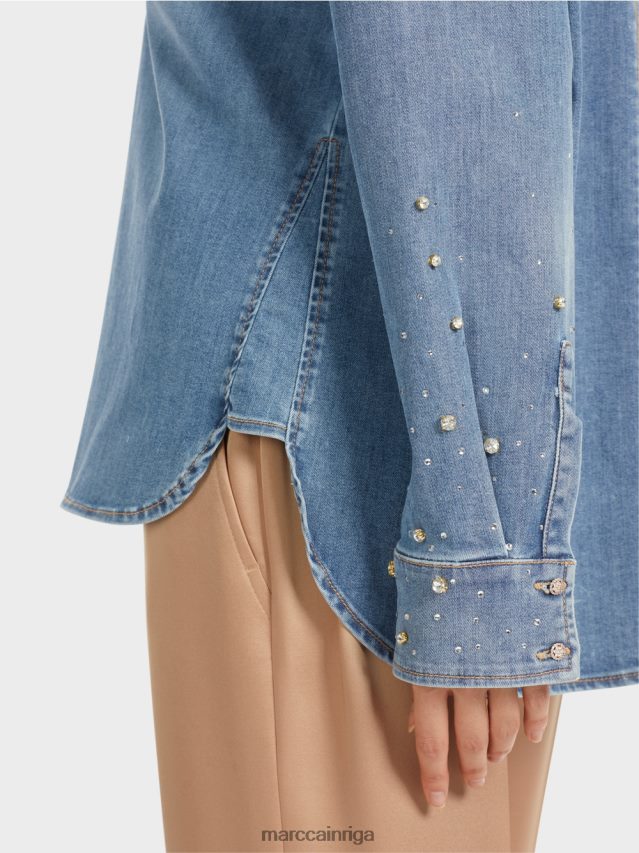 apģērbs vintage zils VRBHXD860 Marc Cain blūze ar pērlīšu izšuvumu.