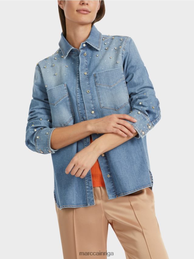 apģērbs vintage zils VRBHXD860 Marc Cain blūze ar pērlīšu izšuvumu.