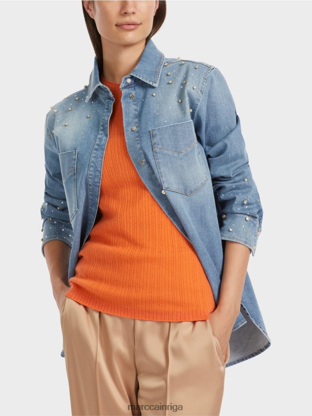 apģērbs vintage zils VRBHXD860 Marc Cain blūze ar pērlīšu izšuvumu.