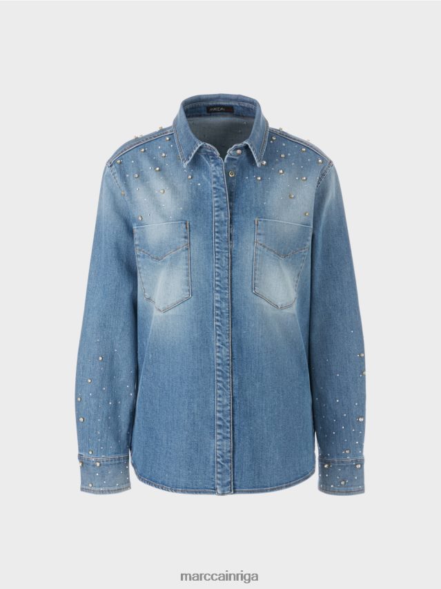 apģērbs vintage zils VRBHXD860 Marc Cain blūze ar pērlīšu izšuvumu.