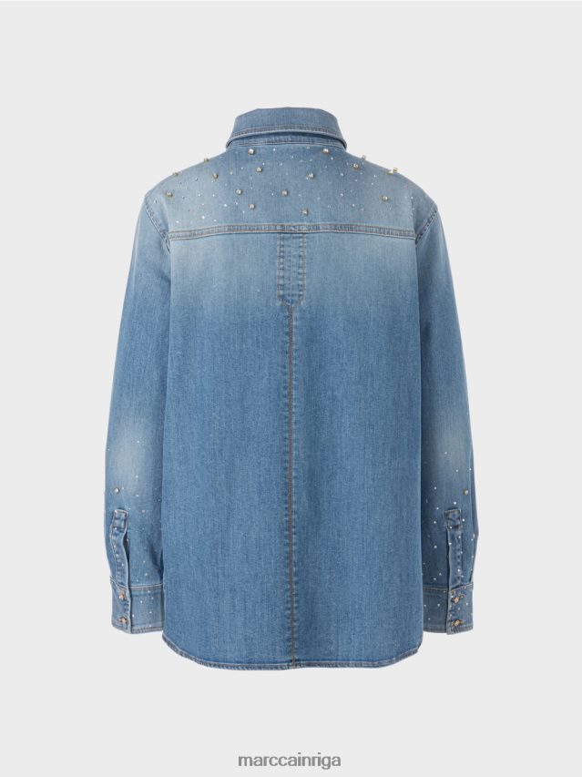 apģērbs vintage zils VRBHXD860 Marc Cain blūze ar pērlīšu izšuvumu.