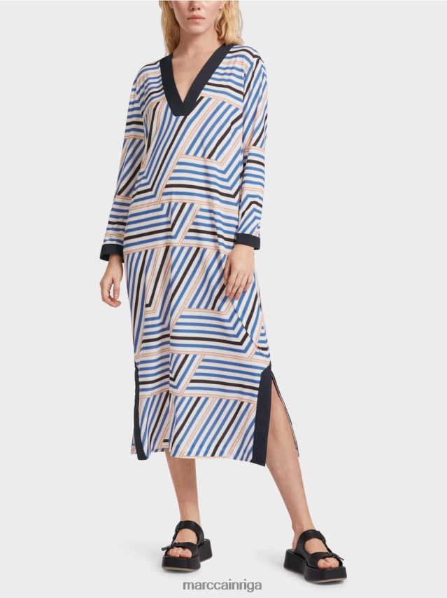 apģērbs debeszils VRBHXD52 Marc Cain midi kleita ar asimetriskām svītrām