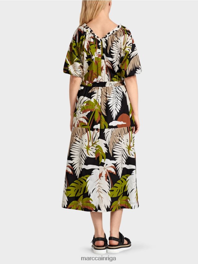 apģērbs dziļi olīvzaļa VRBHXD85 Marc Cain kokvilnas kleita ar lapu motīvu