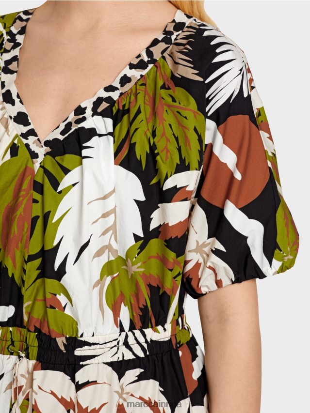 apģērbs dziļi olīvzaļa VRBHXD85 Marc Cain kokvilnas kleita ar lapu motīvu