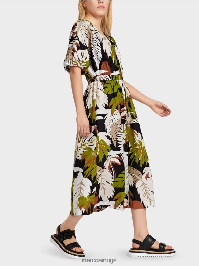 apģērbs dziļi olīvzaļa VRBHXD85 Marc Cain kokvilnas kleita ar lapu motīvu