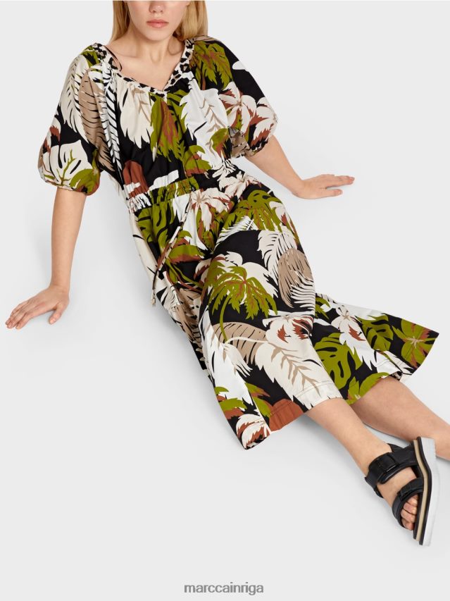 apģērbs dziļi olīvzaļa VRBHXD85 Marc Cain kokvilnas kleita ar lapu motīvu