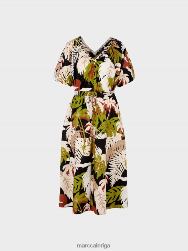 apģērbs dziļi olīvzaļa VRBHXD85 Marc Cain kokvilnas kleita ar lapu motīvu