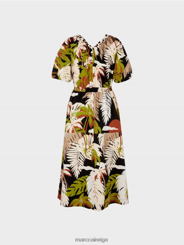 apģērbs dziļi olīvzaļa VRBHXD85 Marc Cain kokvilnas kleita ar lapu motīvu