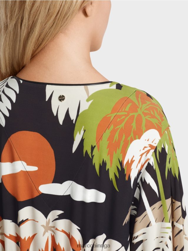 apģērbs dziļi olīvzaļa VRBHXD88 Marc Cain brīva kleita ar tropisku ziedu motīvu