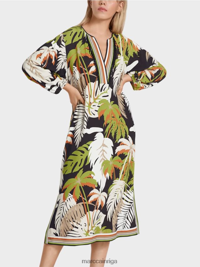 apģērbs dziļi olīvzaļa VRBHXD88 Marc Cain brīva kleita ar tropisku ziedu motīvu