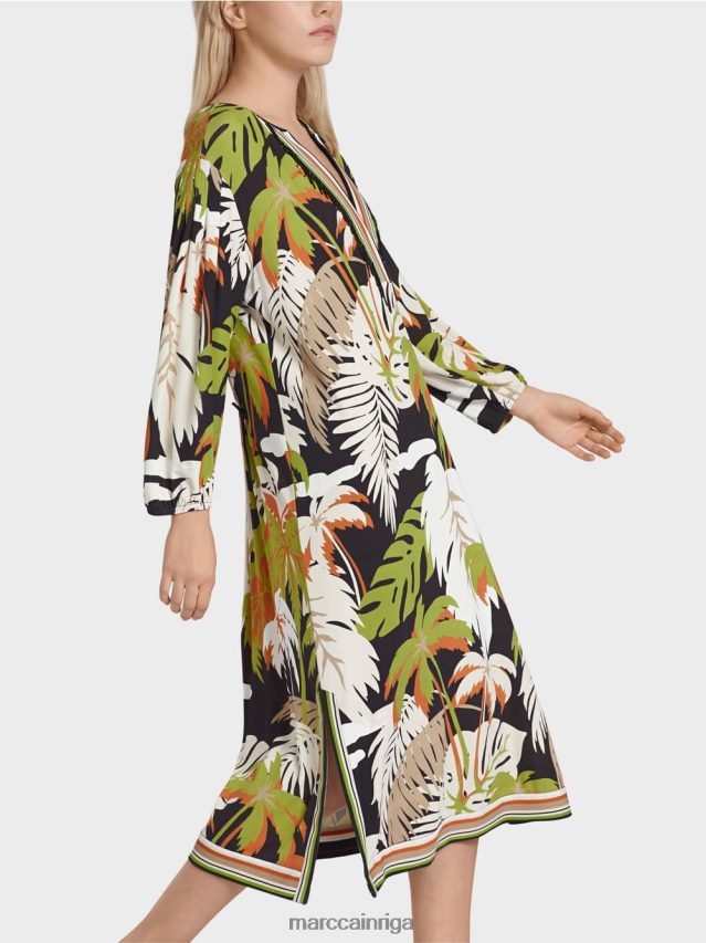 apģērbs dziļi olīvzaļa VRBHXD88 Marc Cain brīva kleita ar tropisku ziedu motīvu