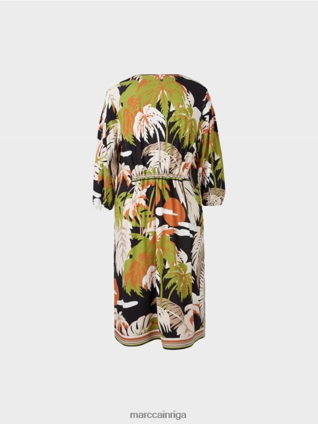 apģērbs dziļi olīvzaļa VRBHXD88 Marc Cain brīva kleita ar tropisku ziedu motīvu