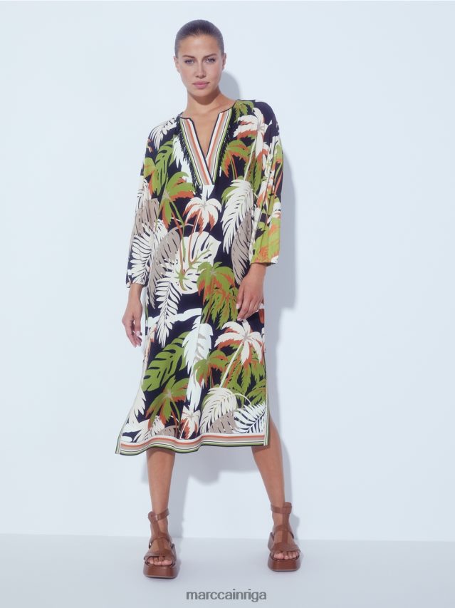 apģērbs dziļi olīvzaļa VRBHXD88 Marc Cain brīva kleita ar tropisku ziedu motīvu