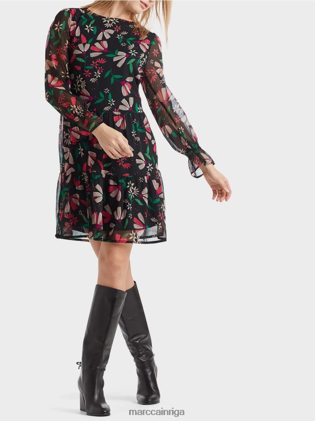 apģērbs fuksīna VRBHXD147 Marc Cain sievišķīga kleita ar ziedu apdruku
