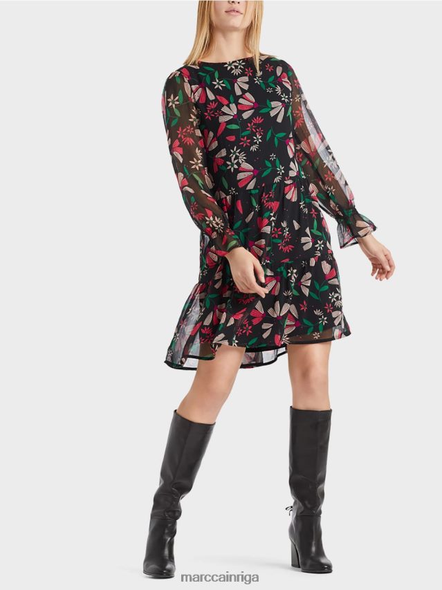 apģērbs fuksīna VRBHXD147 Marc Cain sievišķīga kleita ar ziedu apdruku