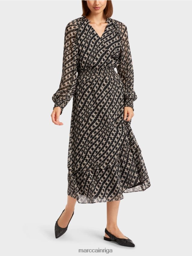 apģērbs melns VRBHXD127 Marc Cain gara kleita ar ģeometrisku dizainu