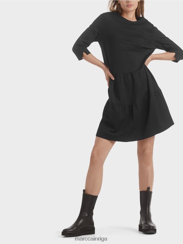apģērbs melns VRBHXD145 Marc Cain džersija kleita ar daudzpakāpju volāniem