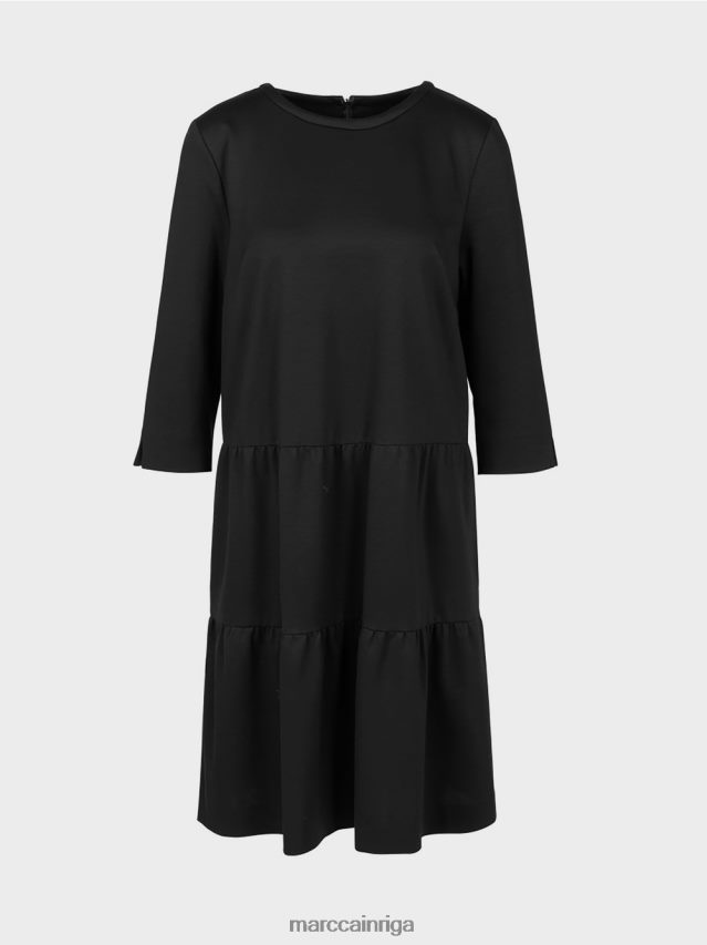apģērbs melns VRBHXD145 Marc Cain džersija kleita ar daudzpakāpju volāniem