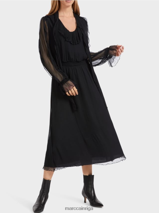 apģērbs melns VRBHXD6 Marc Cain rotaļīga kleita no krokaina šifona