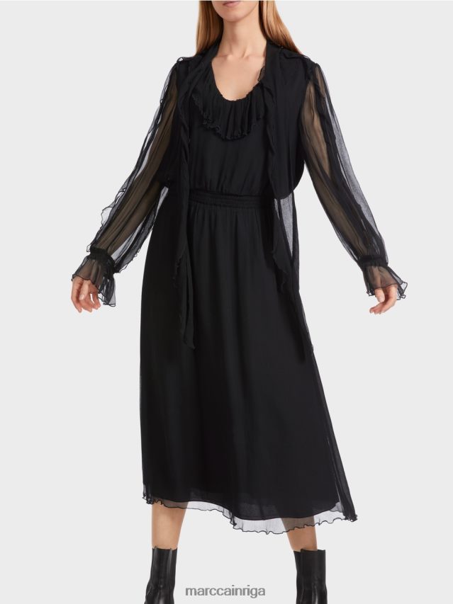 apģērbs melns VRBHXD6 Marc Cain rotaļīga kleita no krokaina šifona