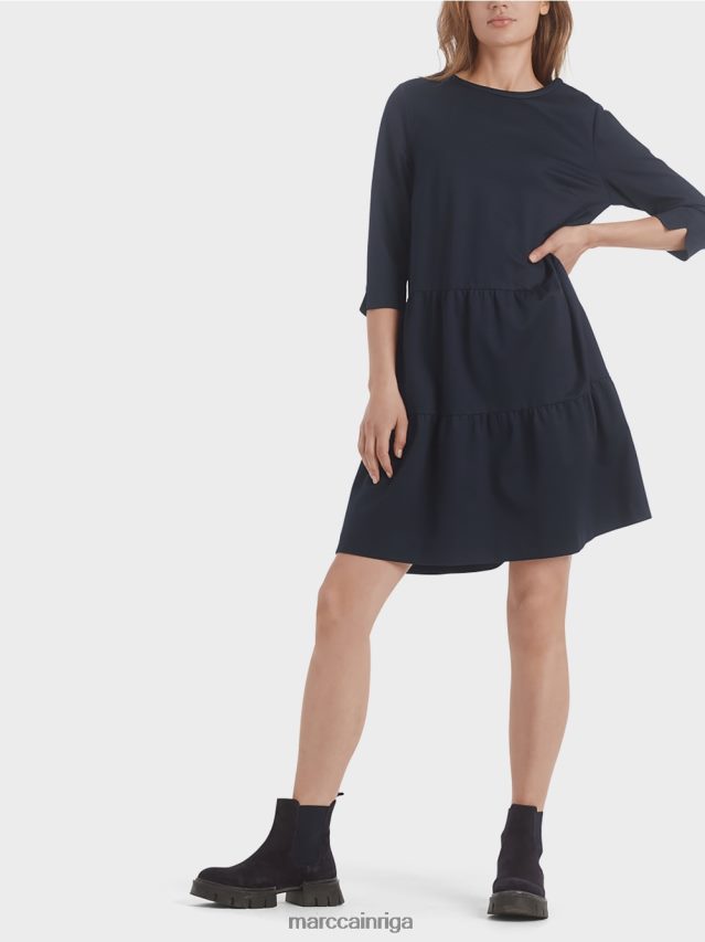 apģērbs pusnakts zils VRBHXD146 Marc Cain džersija kleita ar daudzpakāpju volāniem