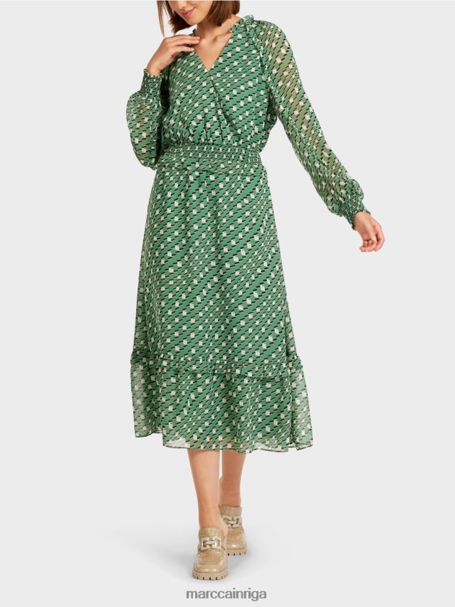 apģērbs sūnu zaļa VRBHXD124 Marc Cain gara kleita ar ģeometrisku dizainu