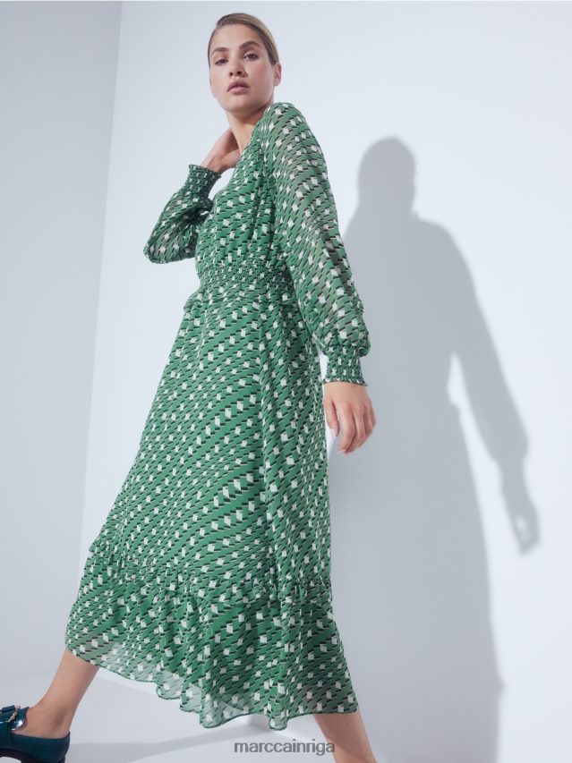 apģērbs sūnu zaļa VRBHXD124 Marc Cain gara kleita ar ģeometrisku dizainu