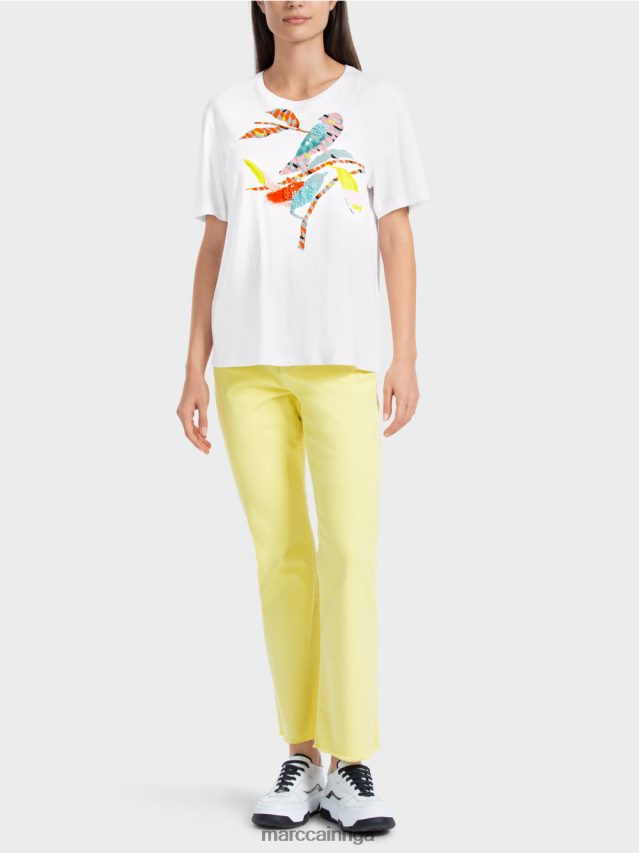 apģērbs balts VRBHXD1315 Marc Cain t-krekls ar krāsainu putnu aplikāciju