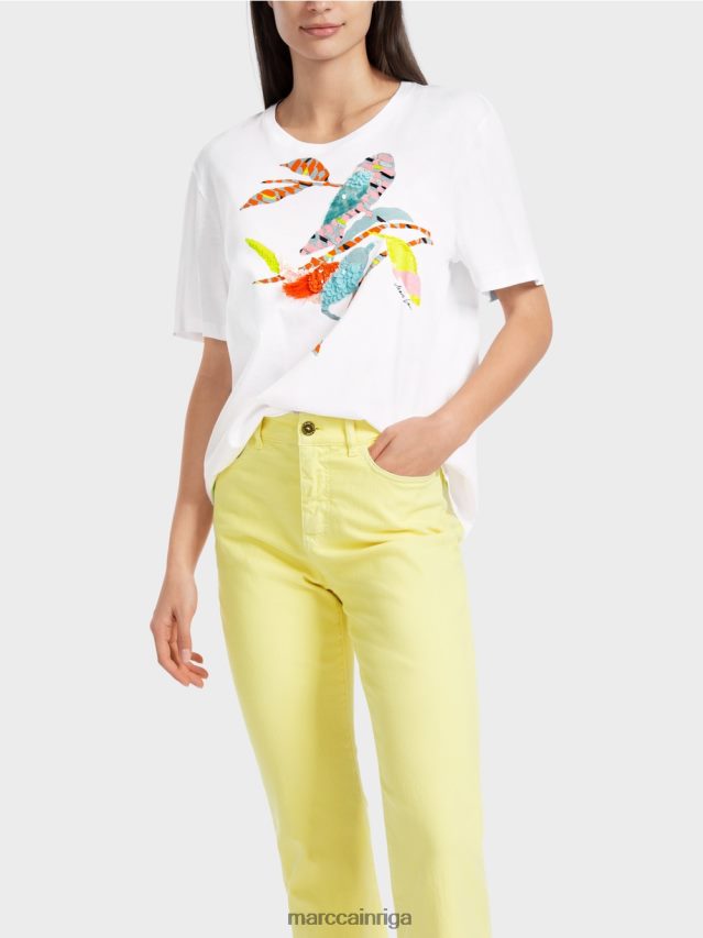 apģērbs balts VRBHXD1315 Marc Cain t-krekls ar krāsainu putnu aplikāciju