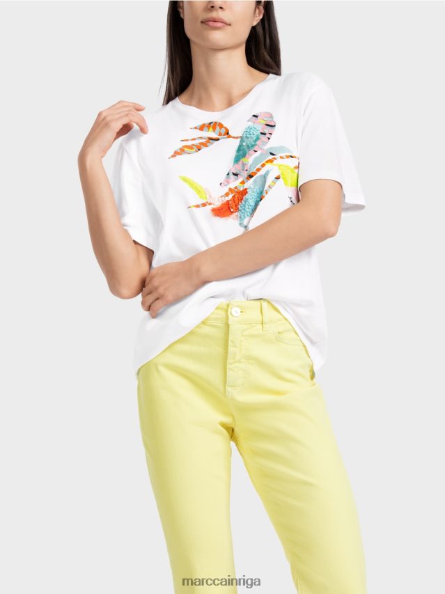 apģērbs balts VRBHXD1315 Marc Cain t-krekls ar krāsainu putnu aplikāciju