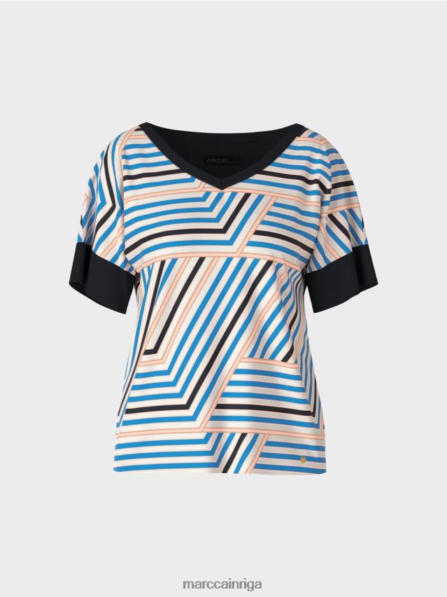 apģērbs debeszils VRBHXD1354 Marc Cain stāvapkakle ar v veida izgriezumu