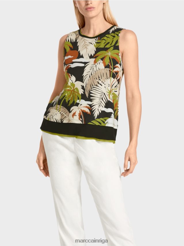 apģērbs dziļi olīvzaļa VRBHXD1399 Marc Cain Tops bez piedurknēm ar tropisku apdruku