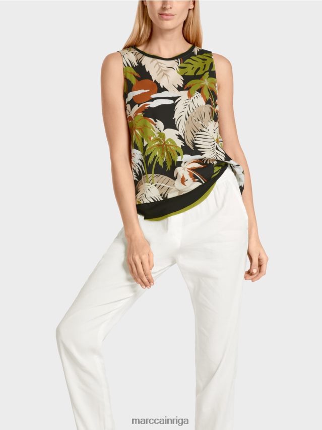 apģērbs dziļi olīvzaļa VRBHXD1399 Marc Cain Tops bez piedurknēm ar tropisku apdruku