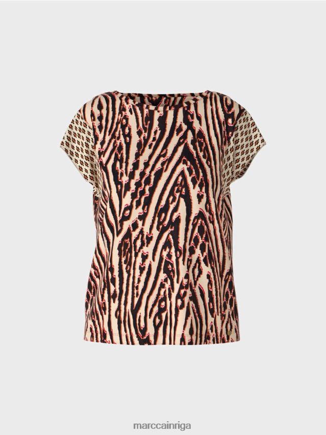 apģērbs dziļi sarkans VRBHXD1376 Marc Cain t-krekls ar jauktiem rakstiem