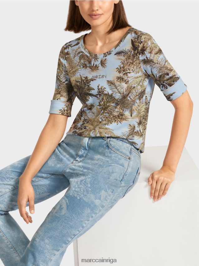 apģērbs gaiši pūderzils VRBHXD1412 Marc Cain apdrukāts t-krekls smalkā rievotā dizainā