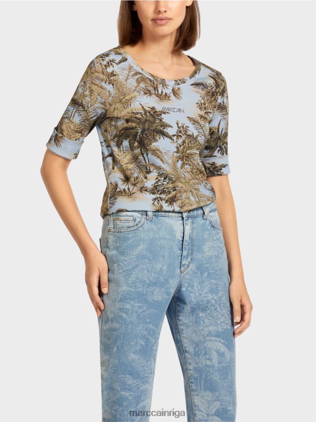 apģērbs gaiši pūderzils VRBHXD1412 Marc Cain apdrukāts t-krekls smalkā rievotā dizainā
