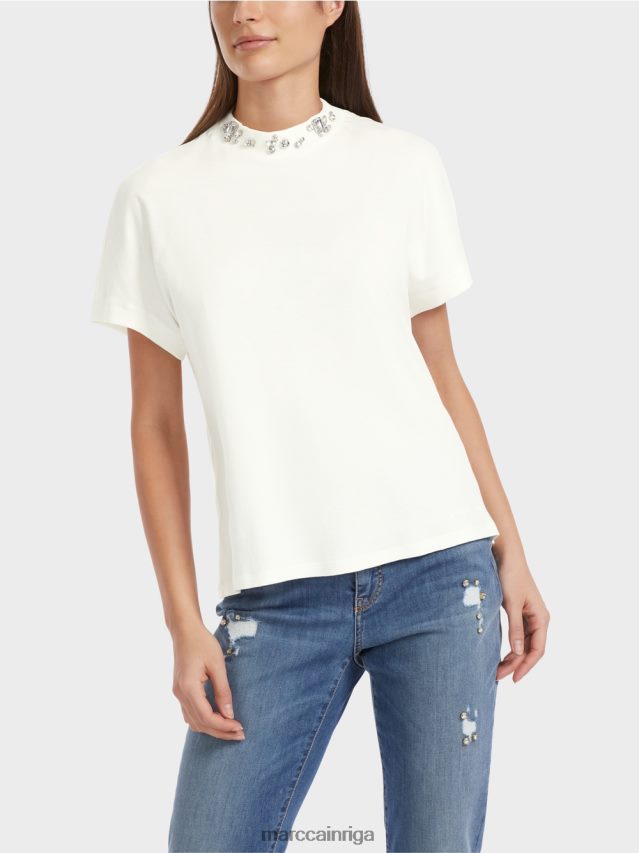 apģērbs gandrīz balts VRBHXD1285 Marc Cain t-krekls ar pērlīšu apkakli