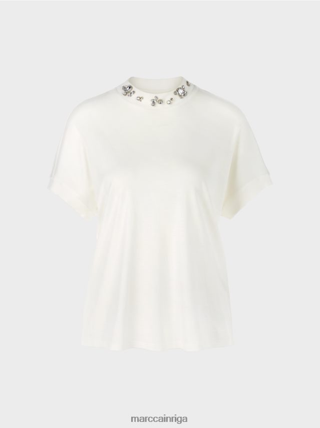 apģērbs gandrīz balts VRBHXD1285 Marc Cain t-krekls ar pērlīšu apkakli